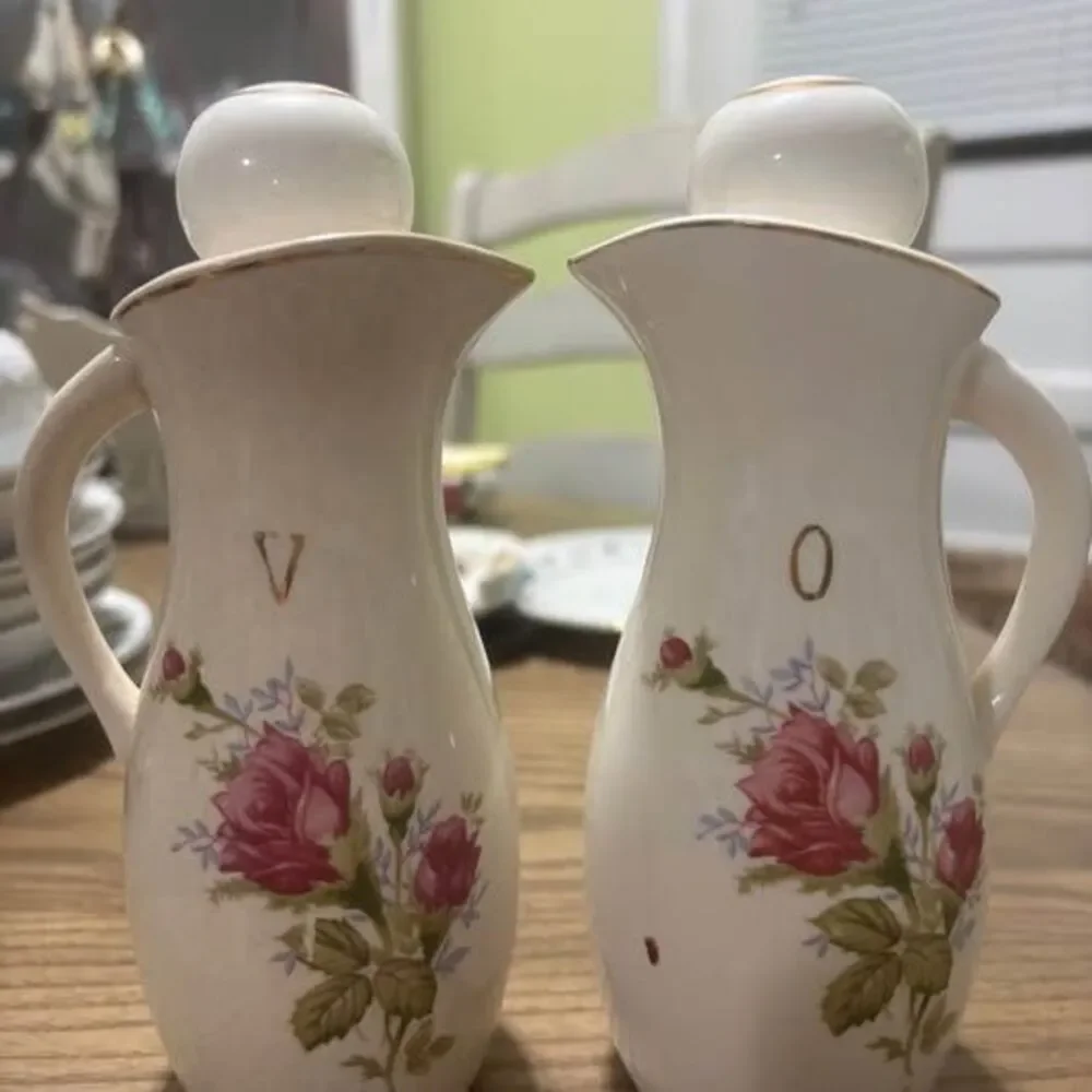 Vintage Japan Moss Rose Oil & Vinegar Cruet Set w/ Stoppers